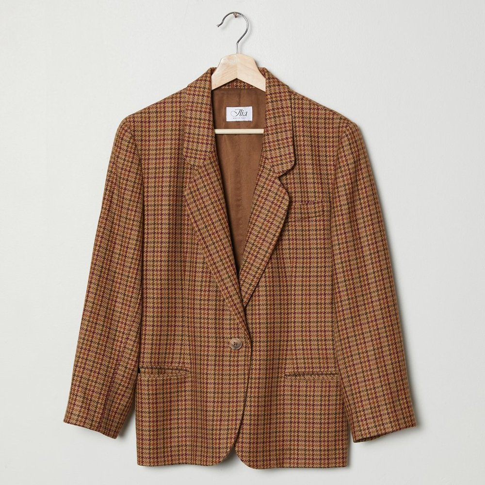 Vtg 70s Tan Houndstooth Wool Blazer M